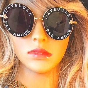 GUCCI 60s Vibe SOLD OUT Round Frame L'Aveugle Par Amour Black Sunglasses NIB